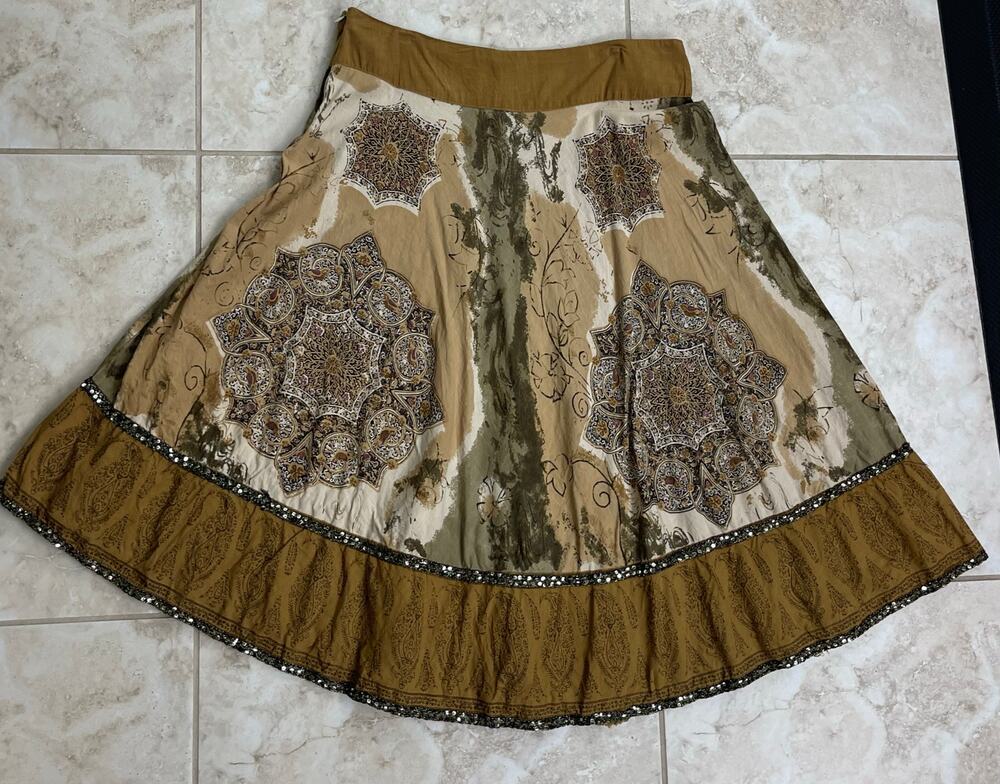 Angie Mandala Print A line Midi large beaded sequence skirt boho hippie